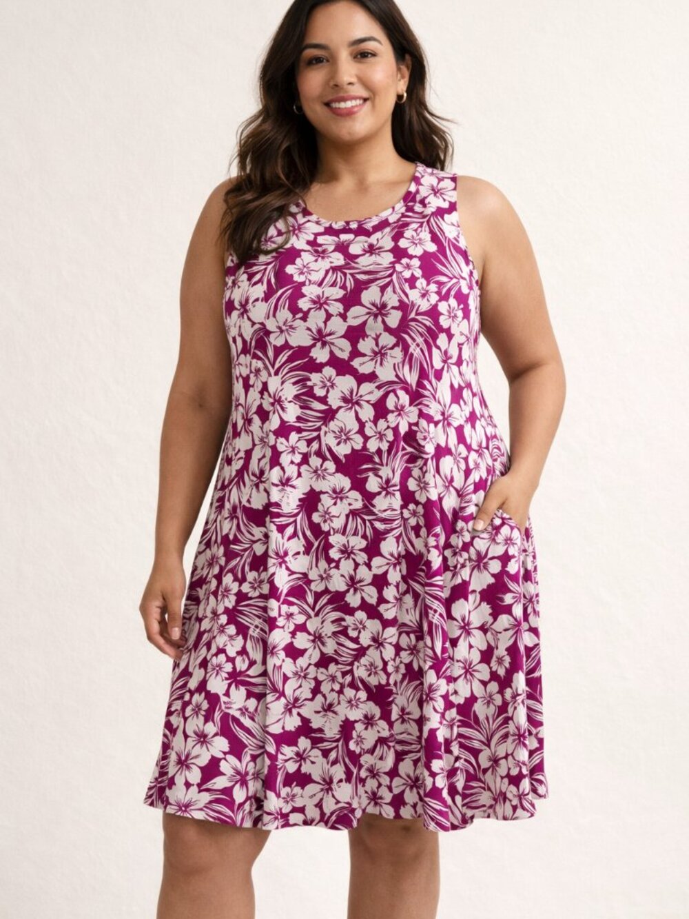 Iyla Tropical Floral Sleeveless Dress | Magenta White Print | Flowy A-Line